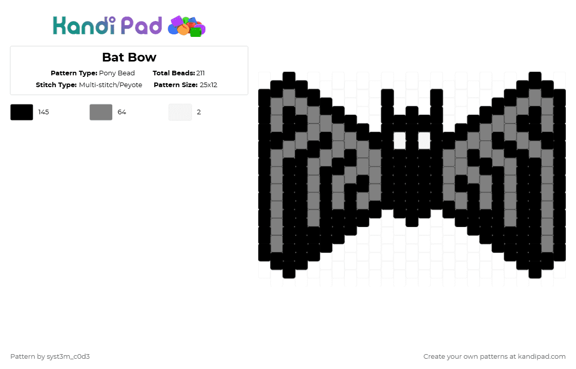 Bat Bow - Pony Bead Pattern by syst3m_c0d3 on Kandi Pad - black,gray,bat,bat bow,bat bowtie,bow,bowtie