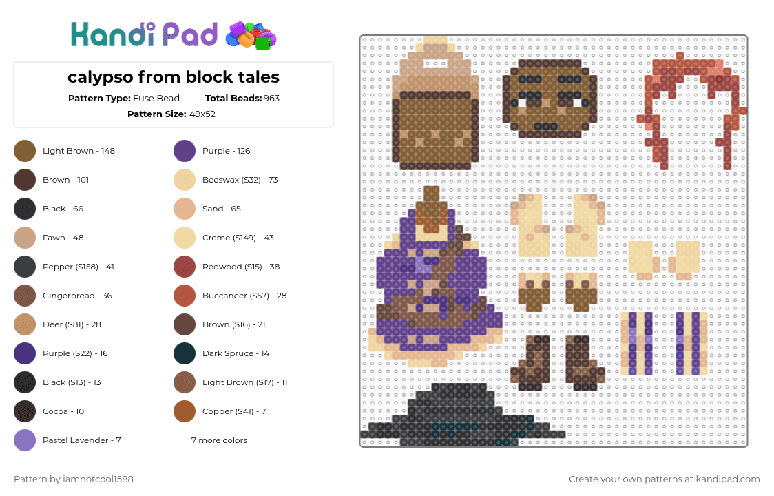 calypso from block tales - Fuse Bead Pattern by iamnotcool1588 on Kandi Pad - beige,brown,tan,purple
