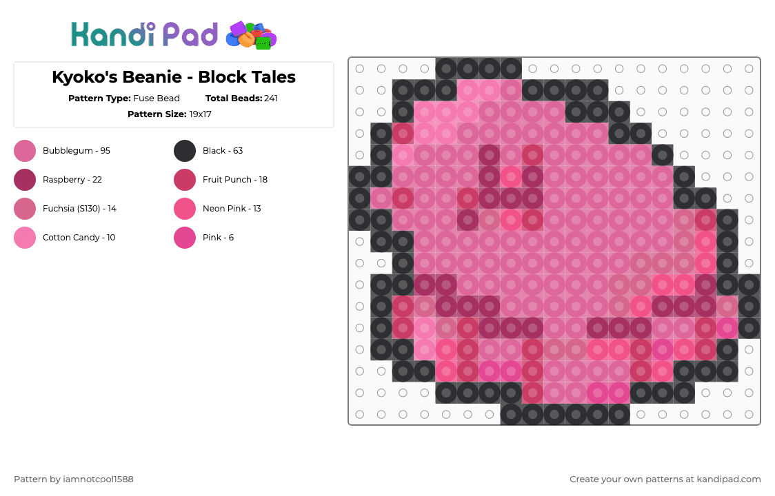Kyoko\'s Beanie - Block Tales - Fuse Bead Pattern by iamnotcool1588 on Kandi Pad - black,pink,beanie,kyoko,block tales,hat,kyokos beanie