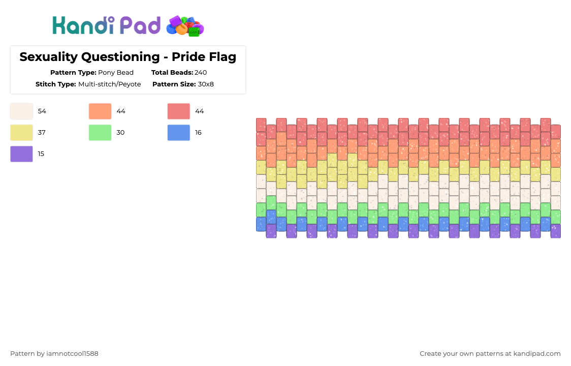 Sexuality Questioning - Pride Flag - Pony Bead Pattern by iamnotcool1588 on Kandi Pad - orange,yellow,teal,red,pride,sexual,questioning,sexual questioning,pride flag,guess,rainbow,pastel