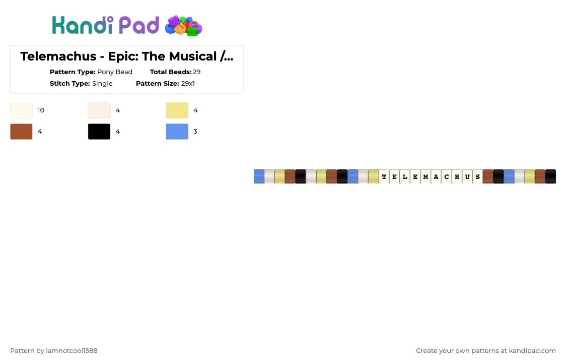 Telemachus - Epic: The Musical / The Odyssey - Pony Bead Pattern by iamnotcool1588 on Kandi Pad - white,yellow,red,epic the musical,musical,greek mythology,odyssey,epic,telemachus,telemarketing
