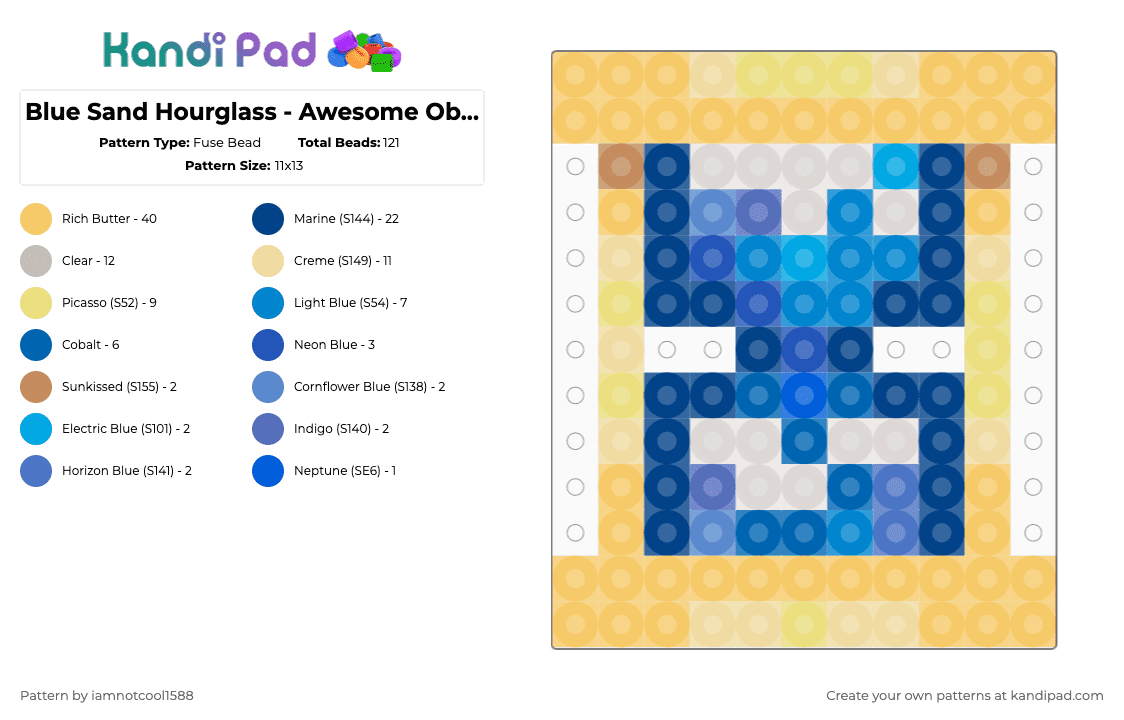 Blue Sand Hourglass - Awesome Object - Fuse Bead Pattern by iamnotcool1588 on Kandi Pad - yellow,beige,blue,hourglass,hour glass,object,sand,epic the musical,epic,blue sand hourglass