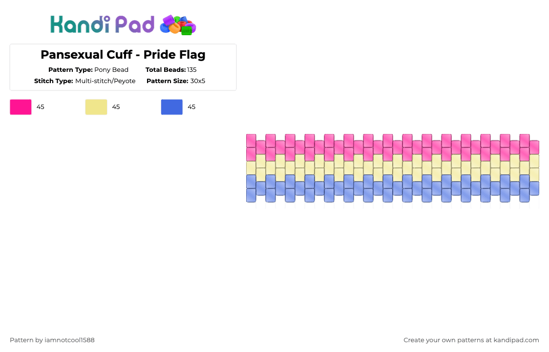 Pansexual Cuff - Pride Flag - Pony Bead Pattern by iamnotcool1588 on Kandi Pad - pink,yellow,blue,pan,pansexual,pride,love,pride flag