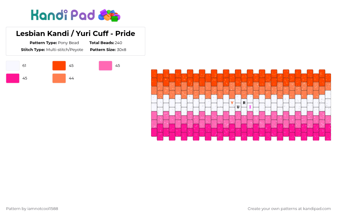 Lesbian Kandi / Yuri Cuff - Pride - Pony Bead Pattern by iamnotcool1588 on Kandi Pad - pride,lesbian,yuri,flags,flag,girl,love,yuri love