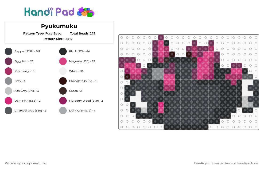 Pyukumuku - Fuse Bead Pattern by incorporealcrow on Kandi Pad - black, pink, pokemon, pyukumuku, sprite