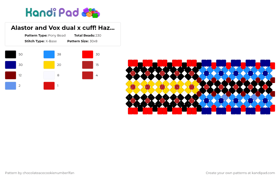 Alastor and Vox dual x cuff! Hazbin Hotel - Pony Bead Pattern by chocolateacecookienumber1fan on Kandi Pad - red,purple,light blue,hazbin hotel,vox,alastor,blue,black,x cuff,helluva boss