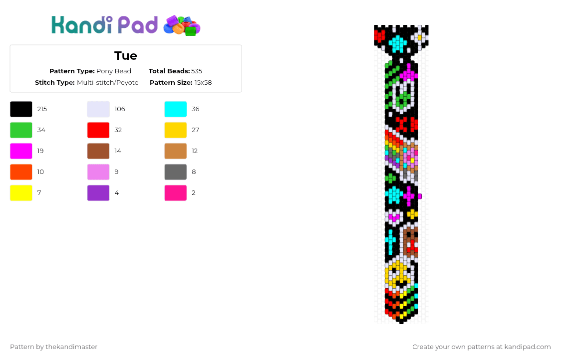 Tue - Pony Bead Pattern by thekandimaster on Kandi Pad - black,red,yellow,pink,colorful