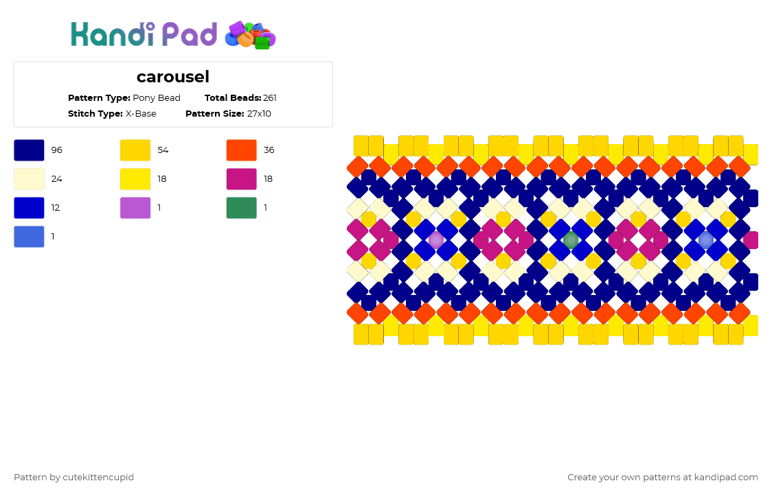 carousel - Pony Bead Pattern by cutekittencupid on Kandi Pad - xbase,cuff,yellow,purple