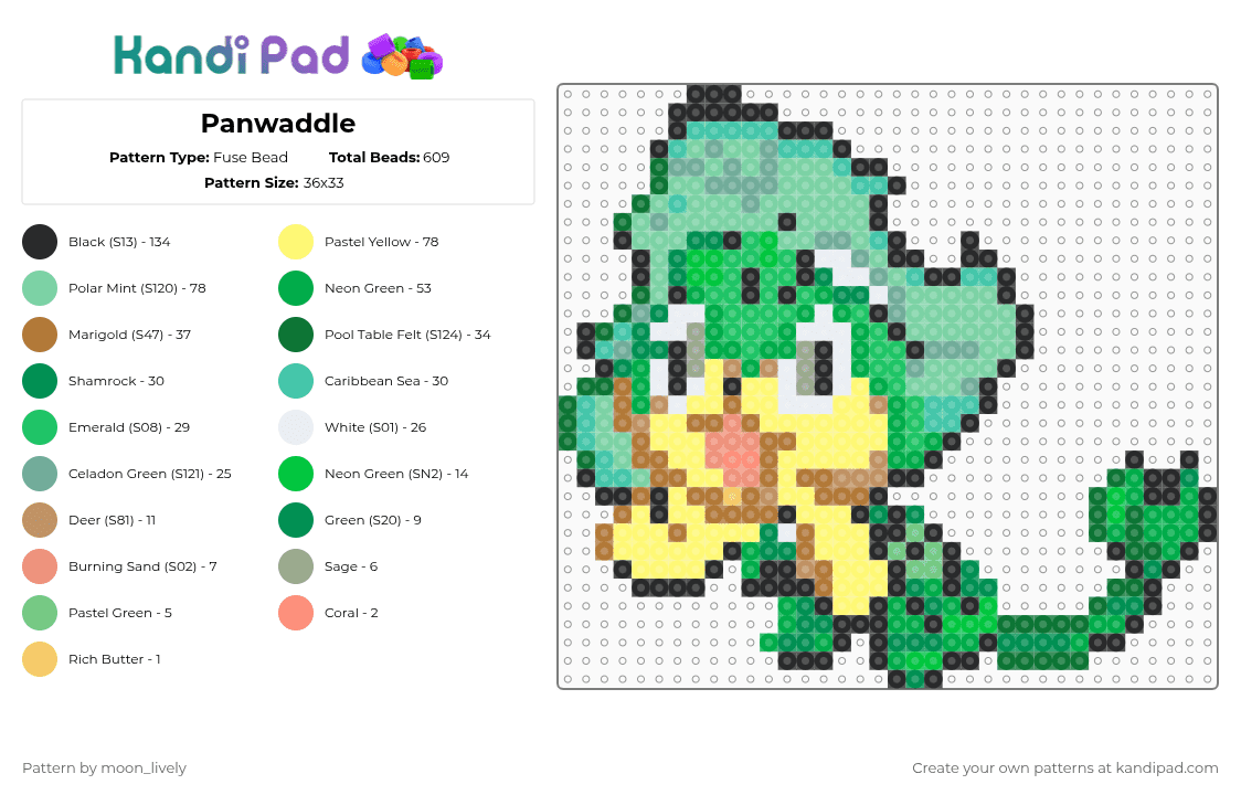 Panwaddle - Fuse Bead Pattern by moon_lively on Kandi Pad - yellow,green,teal,pokemon,panwaddle,grass,bug