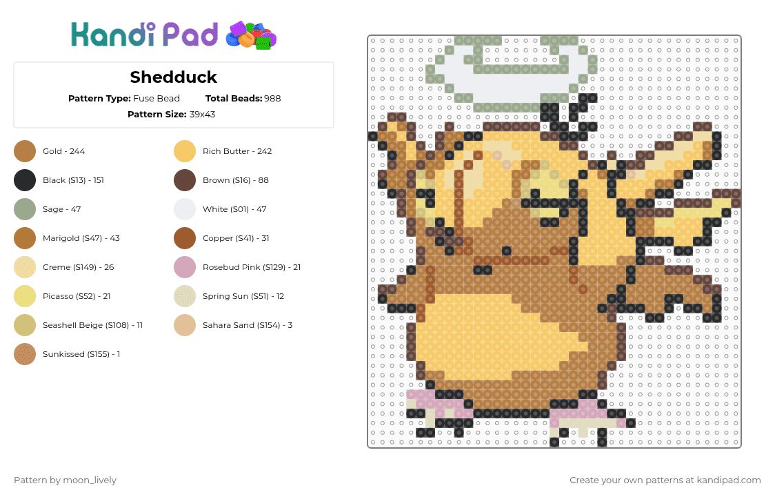 Shedduck - Fuse Bead Pattern by moon_lively on Kandi Pad - tan,yellow,pokemon,shedduck,bug,water