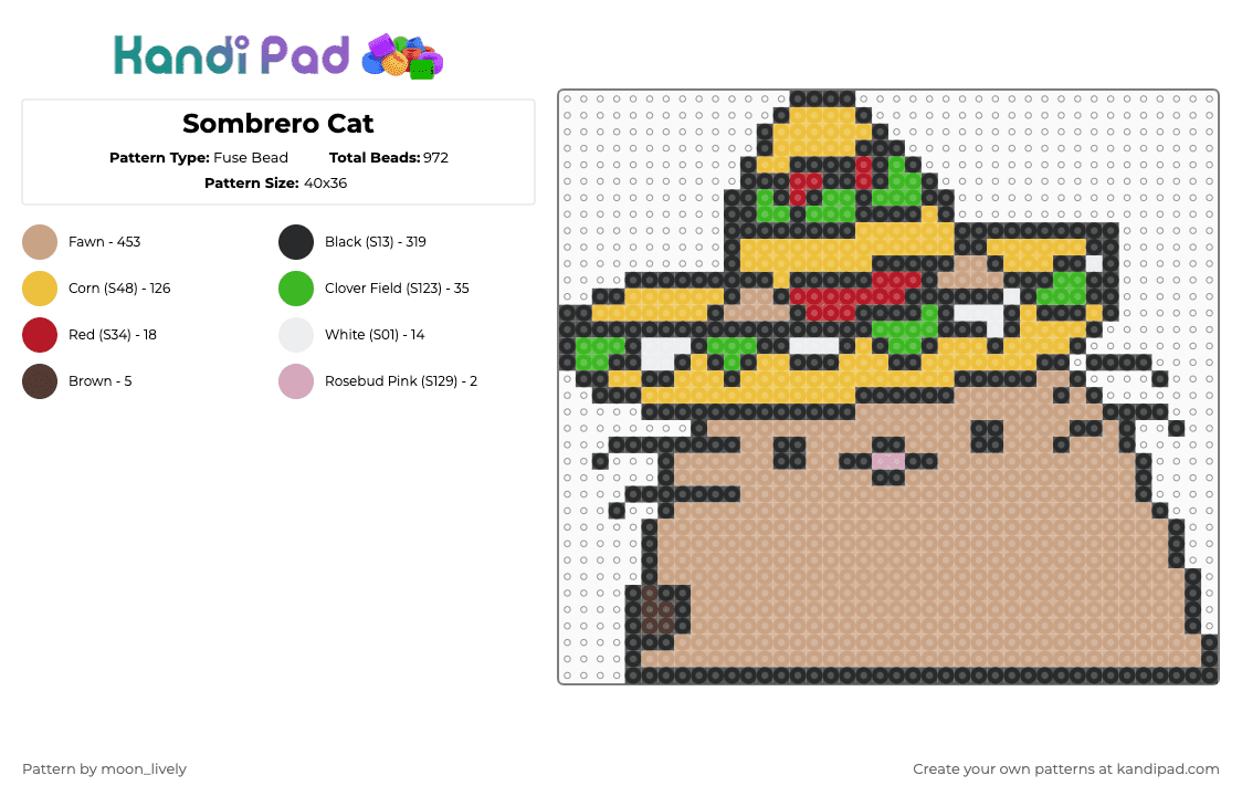 Sombrero Cat - Fuse Bead Pattern by moon_lively on Kandi Pad - beige,yellow,moonlivelykp,sombrero,cat