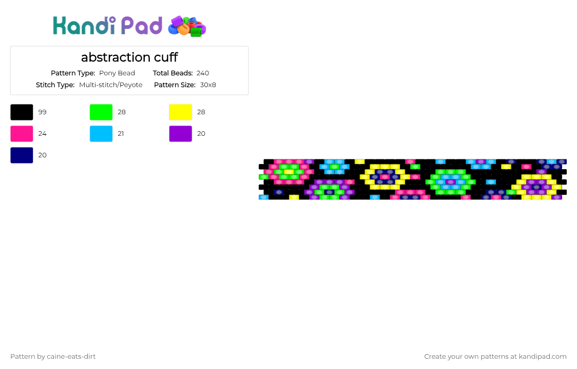 abstraction cuff - Pony Bead Pattern by caine-eats-dirt on Kandi Pad - purple,green,yellow