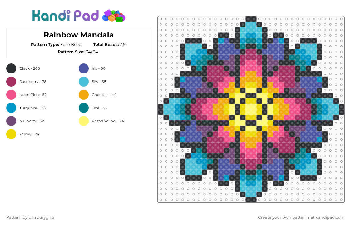 Rainbow Mandala - Fuse Bead Pattern by pillsburygirls on Kandi Pad - pink,light blue,purple