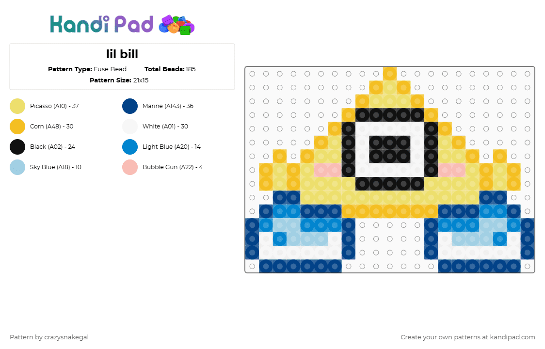 lil bill - Fuse Bead Pattern by crazysnakegal on Kandi Pad - blue,yellow,bill,bill cifer