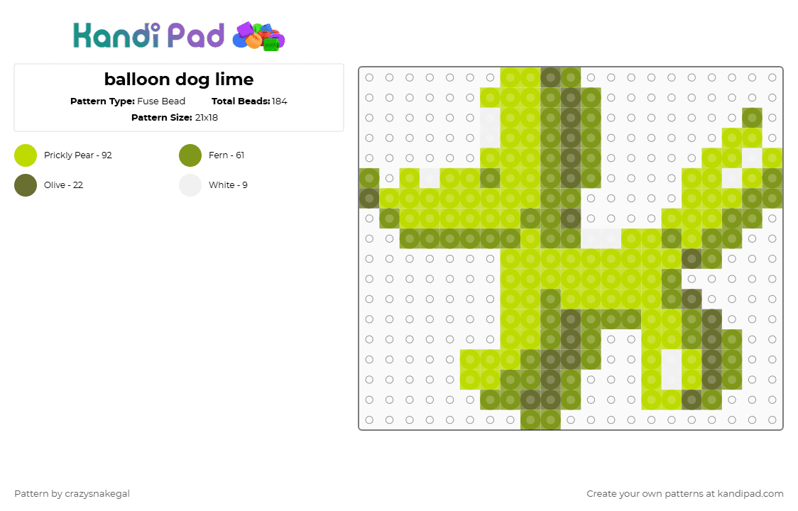 balloon dog lime - Fuse Bead Pattern by crazysnakegal on Kandi Pad - green,gold,dog,balloon,lime