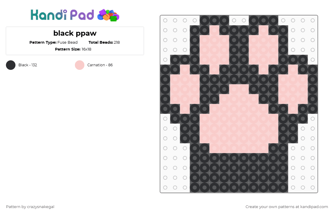 black ppaw - Fuse Bead Pattern by crazysnakegal on Kandi Pad - black,beige,paw,furry,cat