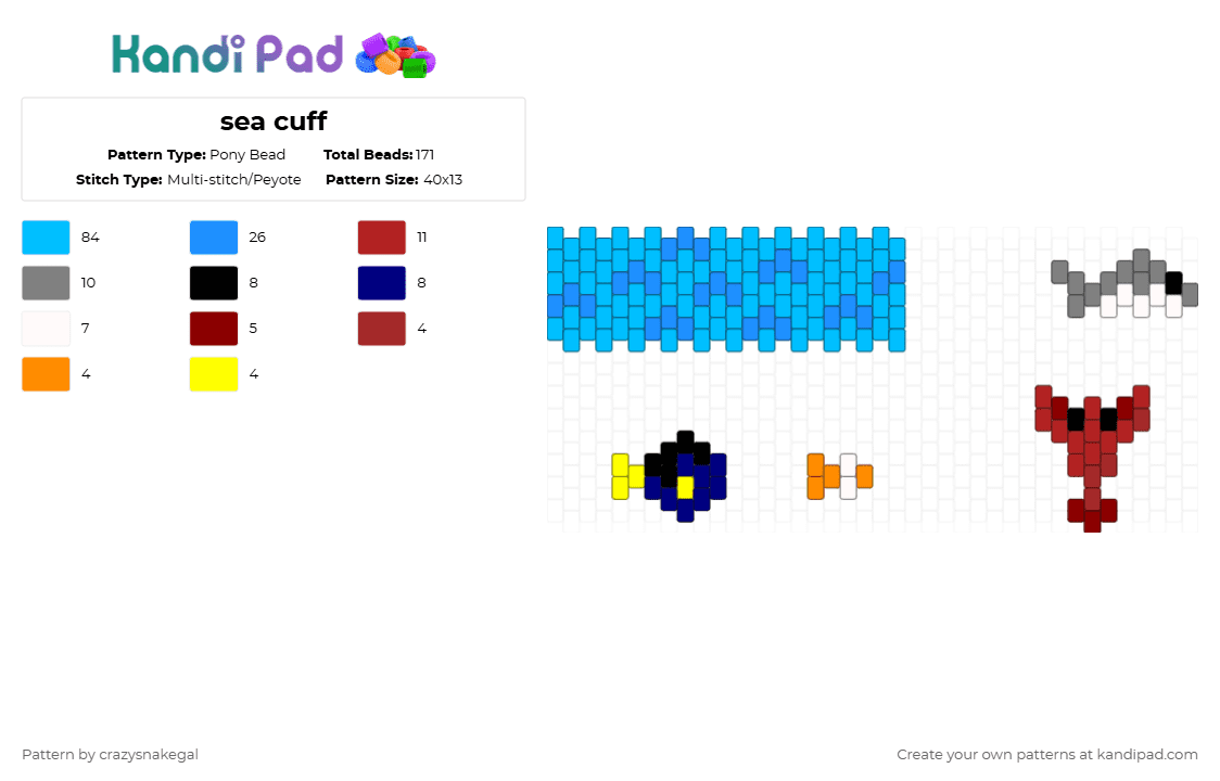 sea cuff - Pony Bead Pattern by crazysnakegal on Kandi Pad - light blue,sea,cuff,shark,lobster,fish,water,wave