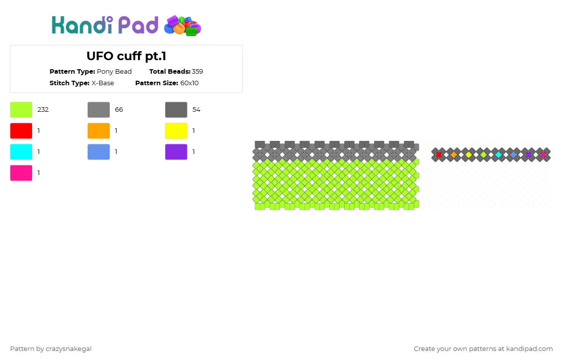 UFO cuff pt.1 - Pony Bead Pattern by crazysnakegal on Kandi Pad - green,gray,cuff,x base,ufo
