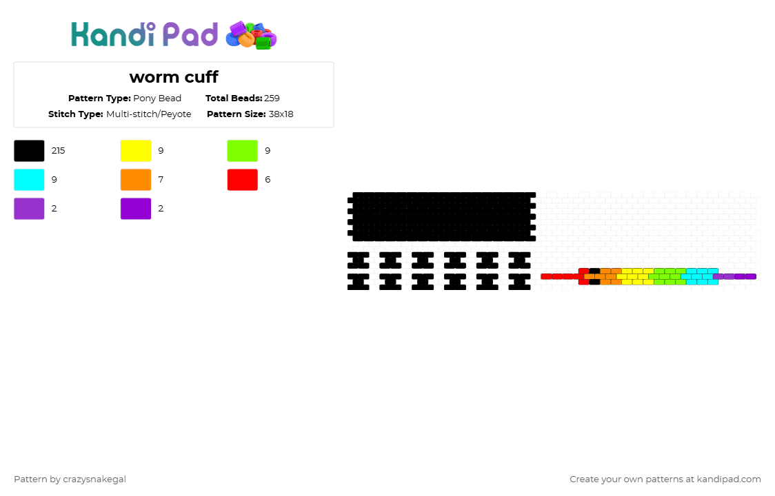 worm cuff - Pony Bead Pattern by crazysnakegal on Kandi Pad - black,yellow,light blue,colorful