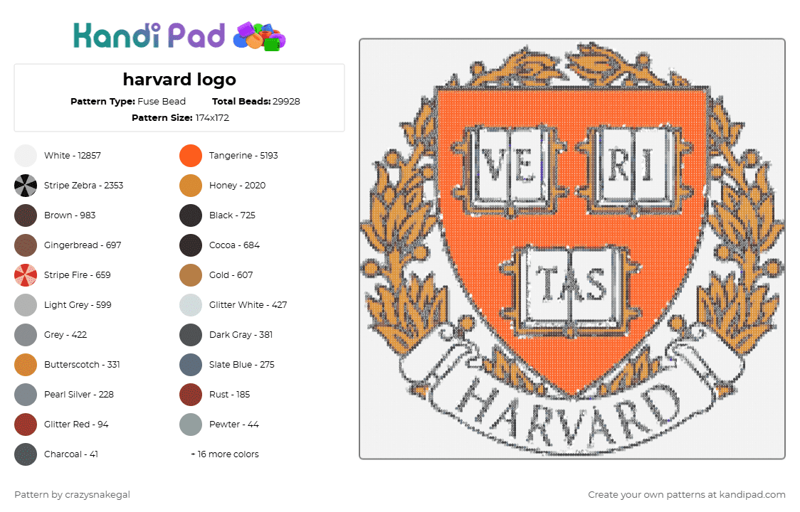 Harvard logo Fuse Bead Pattern - Kandi Pad | Kandi Patterns, Fuse Bead ...