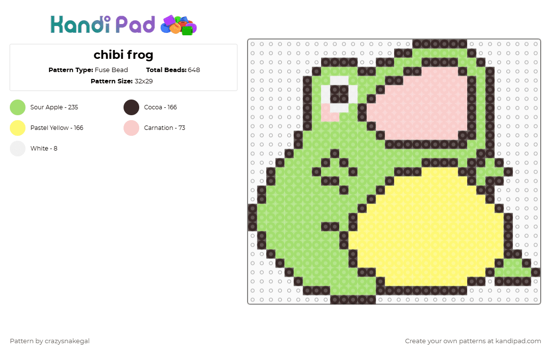 chibi frog - Fuse Bead Pattern by crazysnakegal on Kandi Pad - brown,green,yellow,frog