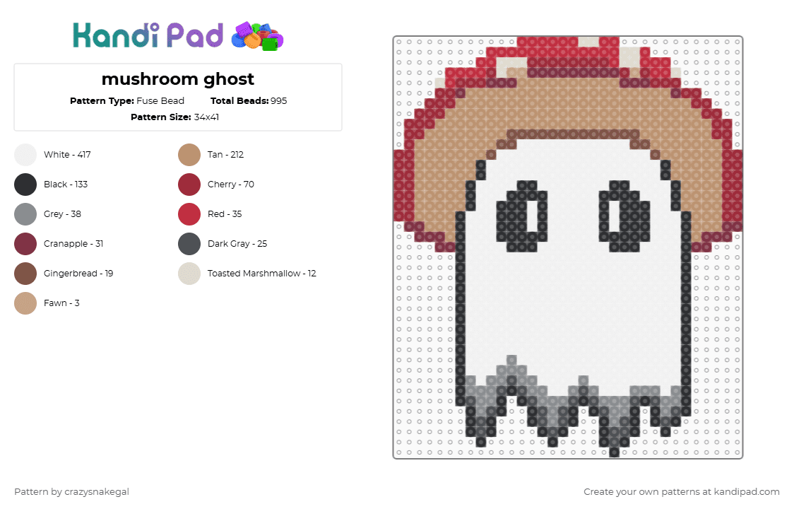 mushroom ghost - Fuse Bead Pattern by crazysnakegal on Kandi Pad - white,red,beige