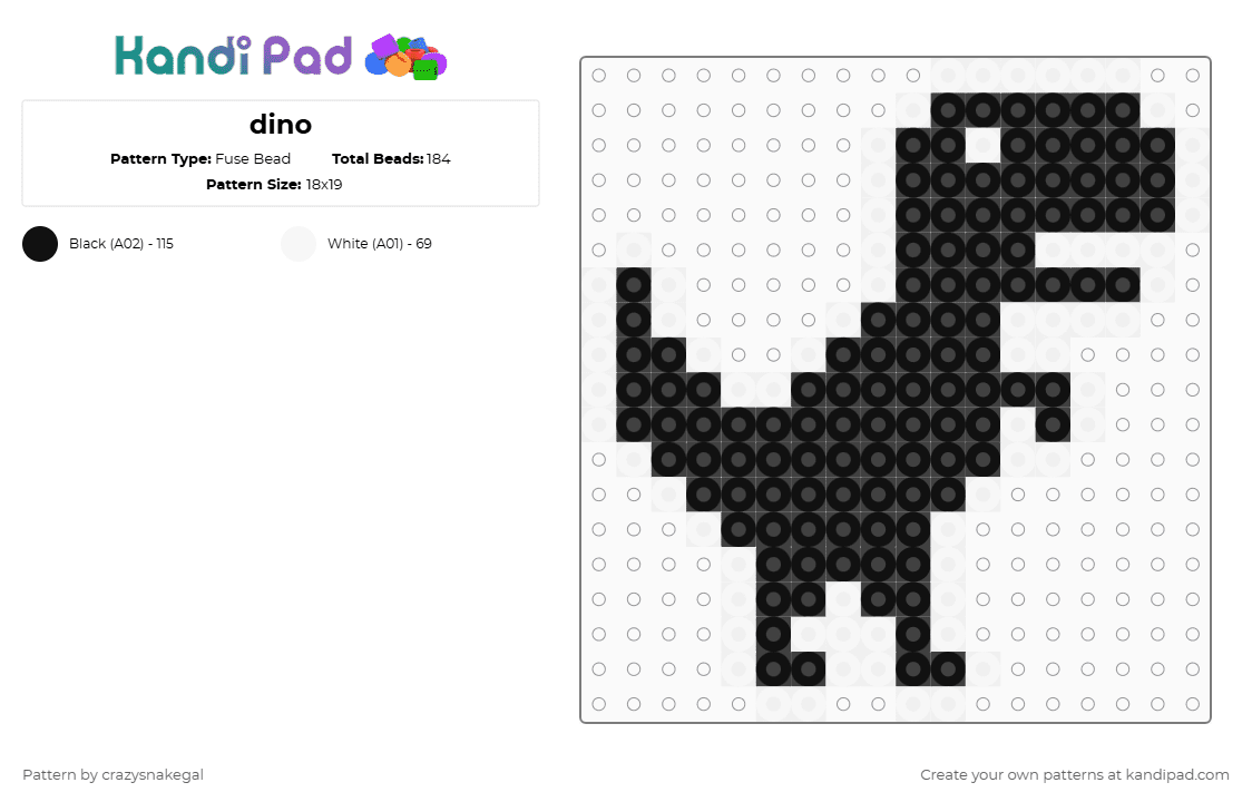 dino - Fuse Bead Pattern by crazysnakegal on Kandi Pad - white,black,google,dino,dinosaur