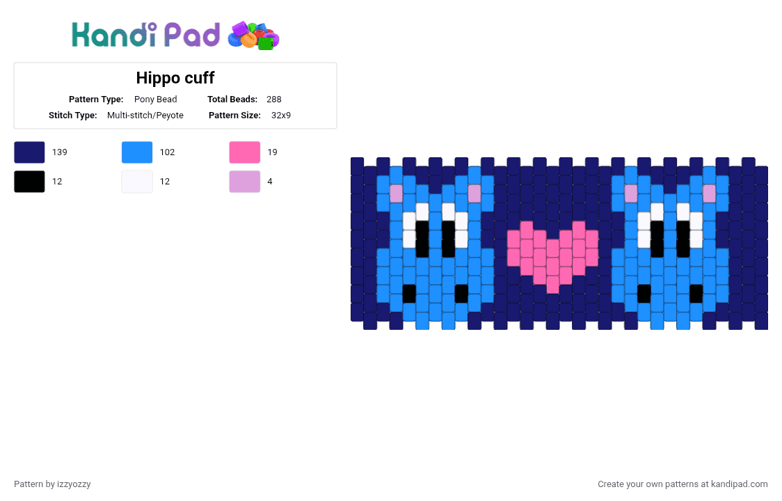 Hippo cuff - Pony Bead Pattern by izzyozzy on Kandi Pad - purple,light blue