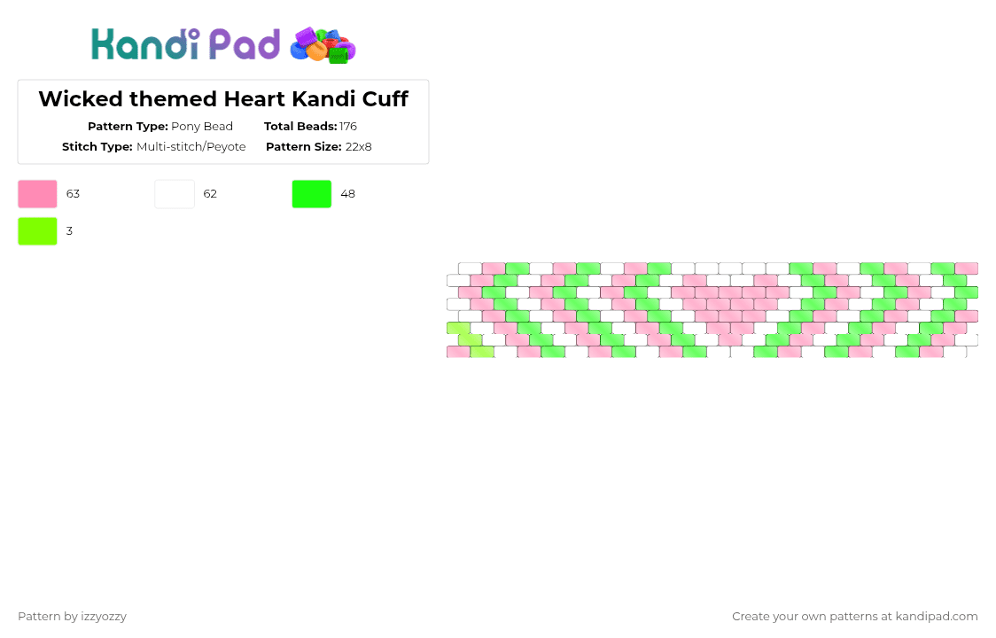 Wicked themed Heart Kandi Cuff - Pony Bead Pattern by izzyozzy on Kandi Pad - pink,green,white,peyoye,cuff