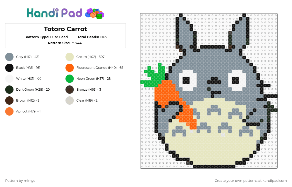 Totoro Carrot - Fuse Bead Pattern by mimys on Kandi Pad - gray,beige,totoro,carrot