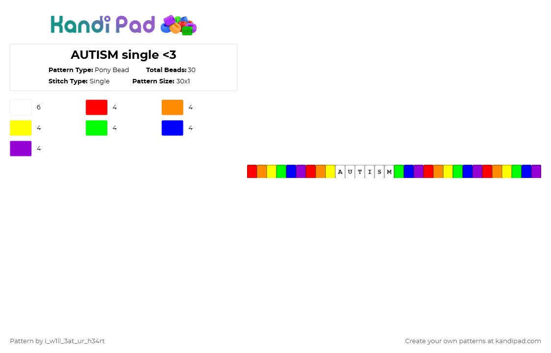 AUTISM single - Pony Bead Pattern by fr1ed_ch1ck3n on Kandi Pad - purple,rainbow,autism,rawr,single,kandi