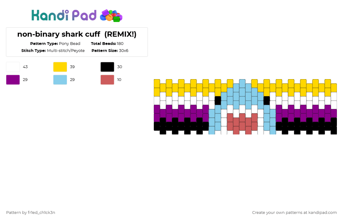 non-binary shark cuff  (REMIX!) - Pony Bead Pattern by deleted_user_29645 on Kandi Pad - yellow,pink,light blue,non binary,pride,shark,remix,cuff