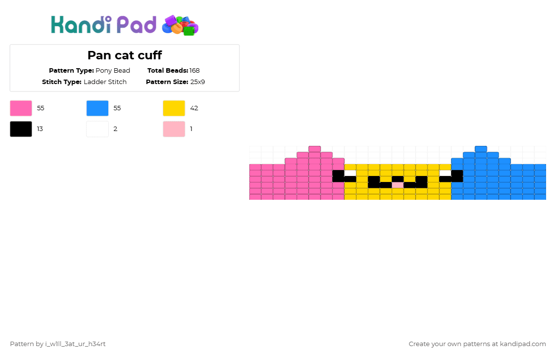 Pan cat cuff - Pony Bead Pattern by deleted_user_29645 on Kandi Pad - pink,light blue,cat,cuff,meow,kandi