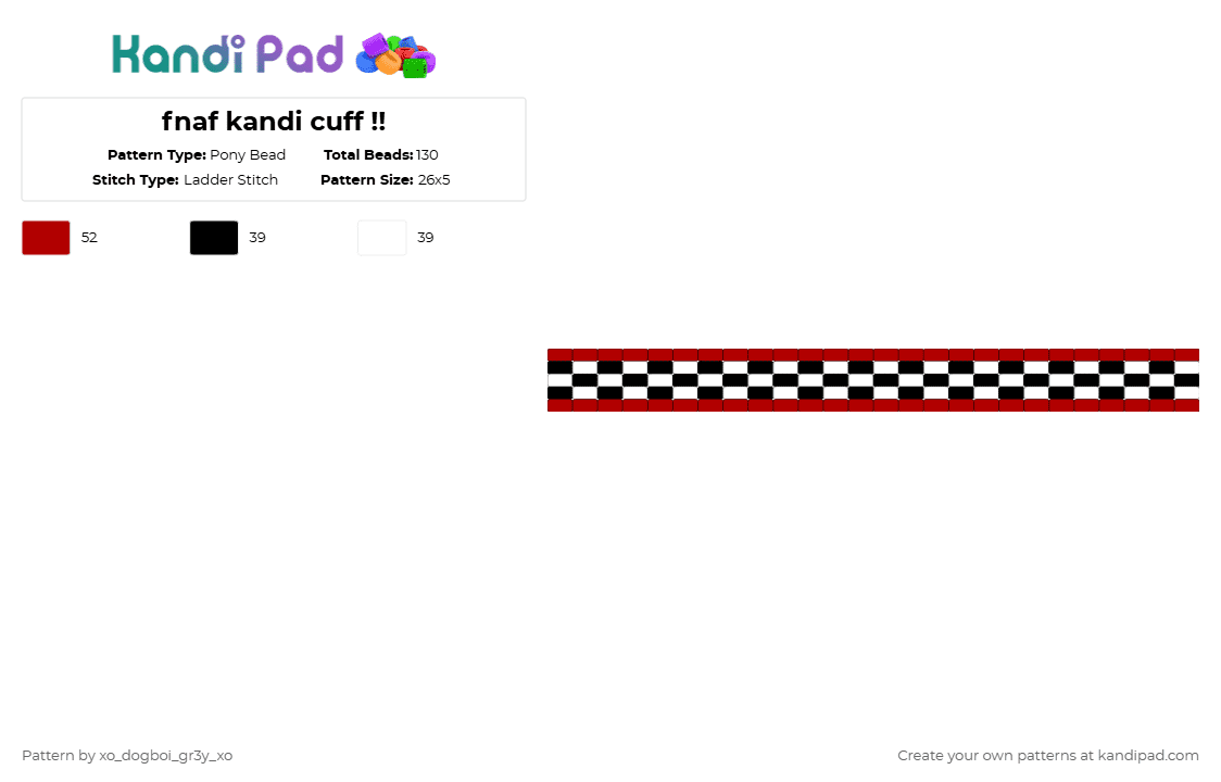 fnaf kandi cuff !! - Pony Bead Pattern by deleted_user_29645 on Kandi Pad - white,red,fnaf,cuff