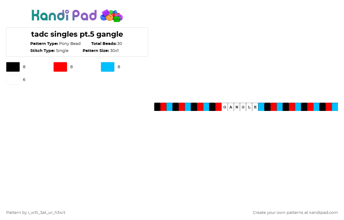 tadc singles pt.5 gangle - Pony Bead Pattern by fr1ed_ch1ck3n on Kandi Pad - red,light blue,gangle,tadc,kandi,single