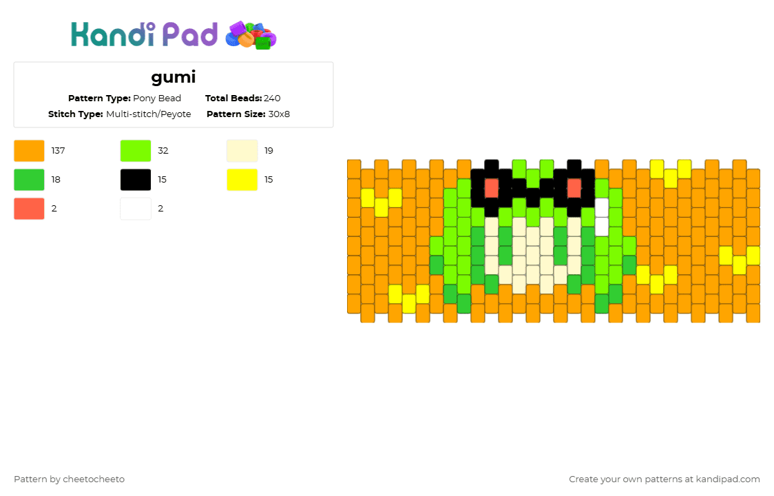 gumi - Pony Bead Pattern by cheetocheeto on Kandi Pad - orange