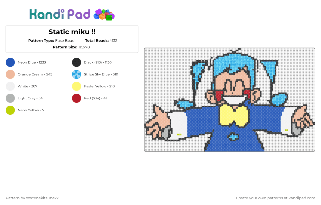 Static miku !! - Fuse Bead Pattern by xxscenekitsunexx on Kandi Pad - blue,beige,light blue,miku,hatsune miku,static,static miku