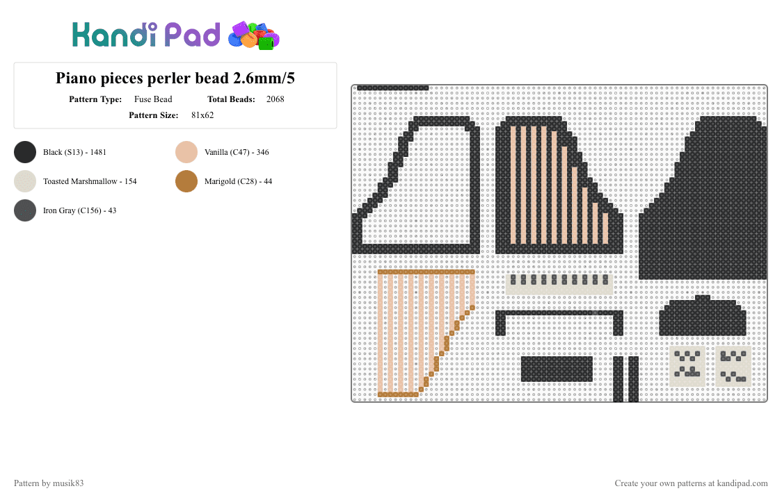 Piano pieces perler bead 2.6mm/5 - Fuse Bead Pattern by musik83 on Kandi Pad - 3d, beige, black, multilayered piece, music