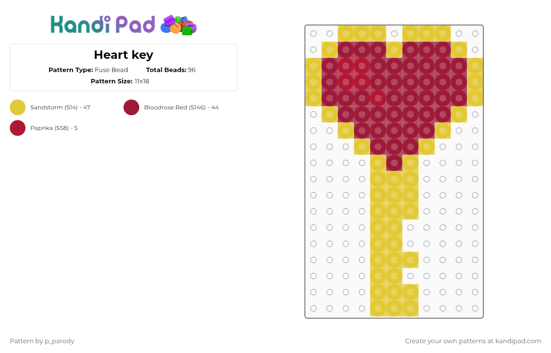 Heart key - Fuse Bead Pattern by p_parody on Kandi Pad - red,yellow,cotdkeys