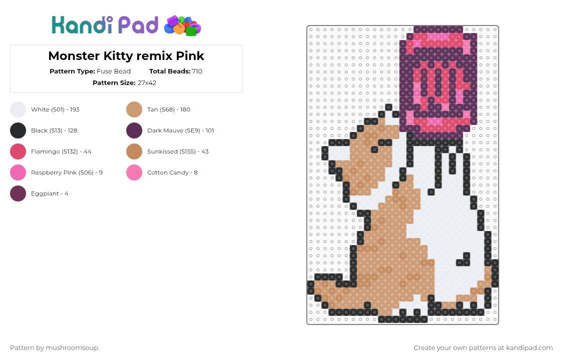 Monster Kitty remix Pink - Fuse Bead Pattern by mushroomsoup on Kandi Pad - pink,beige,kitty,monster