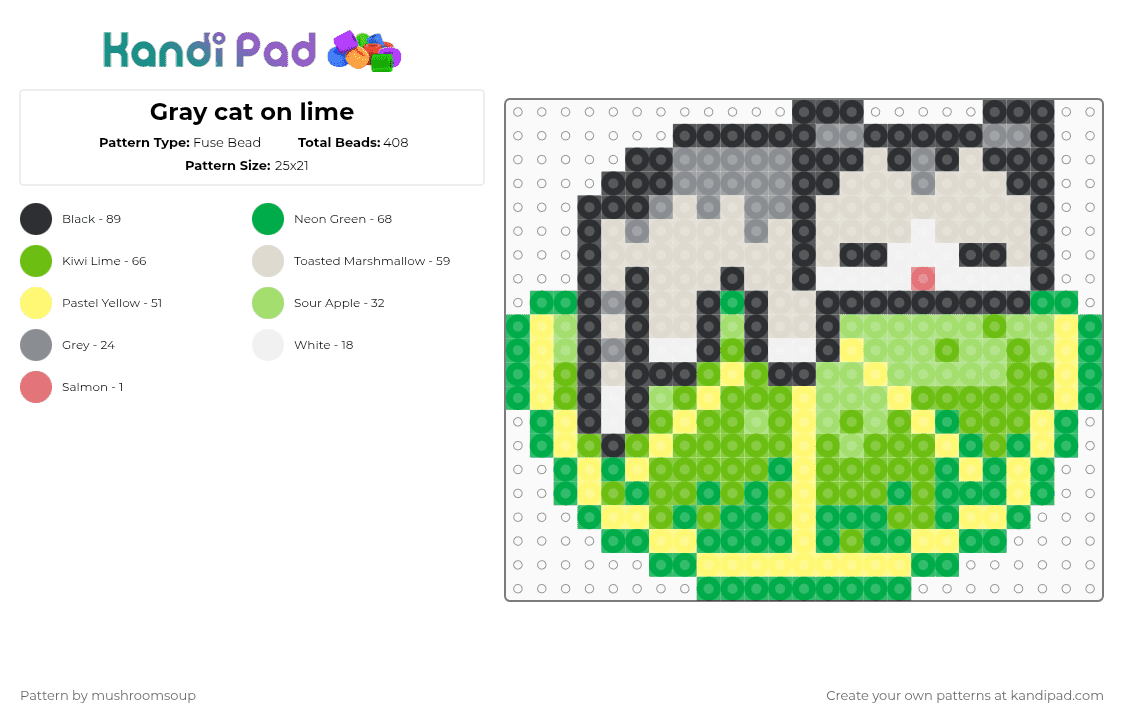 Gray cat on lime - Fuse Bead Pattern by mushroomsoup on Kandi Pad - beige,green,cat,lime