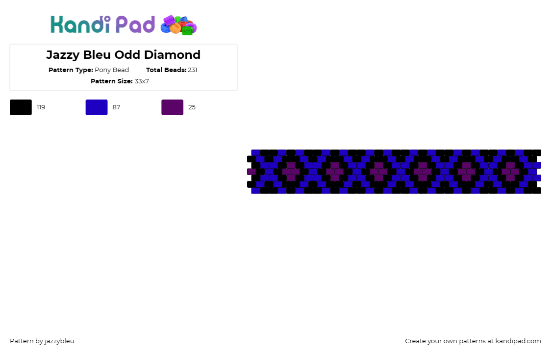 Jazzy Bleu Odd Diamond - Pony Bead Pattern by jazzybleu on Kandi Pad - diamonds,repeating,geometric,cuff,bracelet,dark,blue,purple,black