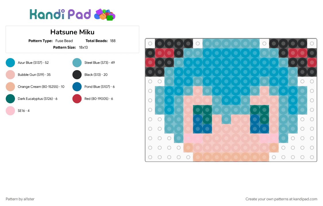 Hatsune Miku - Fuse Bead Pattern by al1ster on Kandi Pad - beige, light blue, miku hatsune, teal