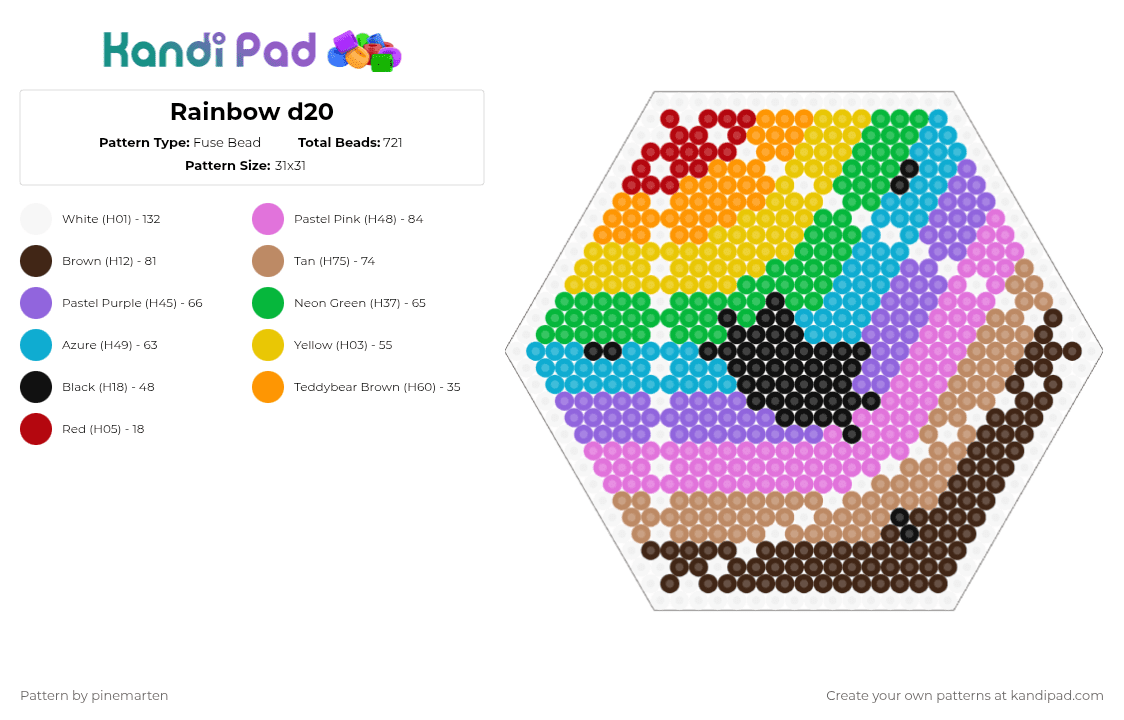 Rainbow d20 - Fuse Bead Pattern by pinemarten on Kandi Pad - green,purple,tan,colorful,dnd,cat,rainbow