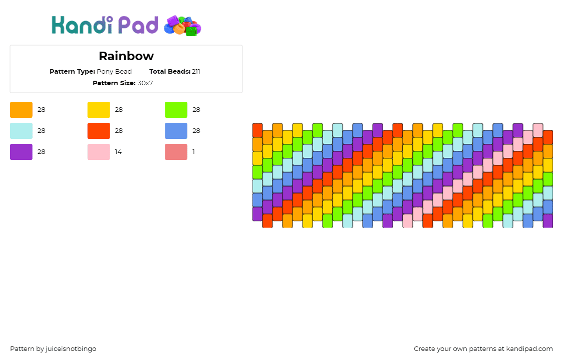 Rainbow - Pony Bead Pattern by juiceisnotbingo on Kandi Pad - colorful,diagonal stripes,rainbow,cuff,bright,cheerful,vibrant,fashion accessory