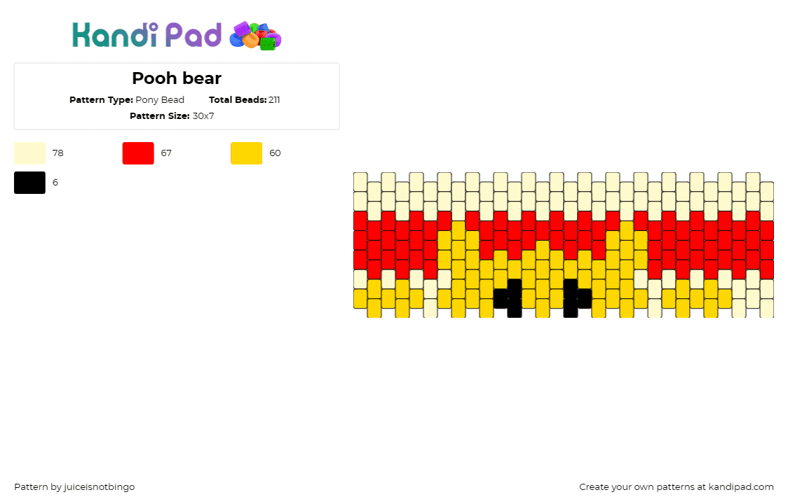 Pooh bear - Pony Bead Pattern by juiceisnotbingo on Kandi Pad - winnie the pooh,cuff,joy,hundred acre wood,warmth,classic,red,yellow