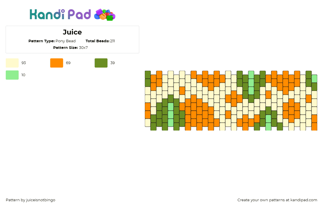 Juice - Pony Bead Pattern by juiceisnotbingo on Kandi Pad - cuff,orange,green,vibrant,zesty,colorful,splash,refreshing,blend,ensemble