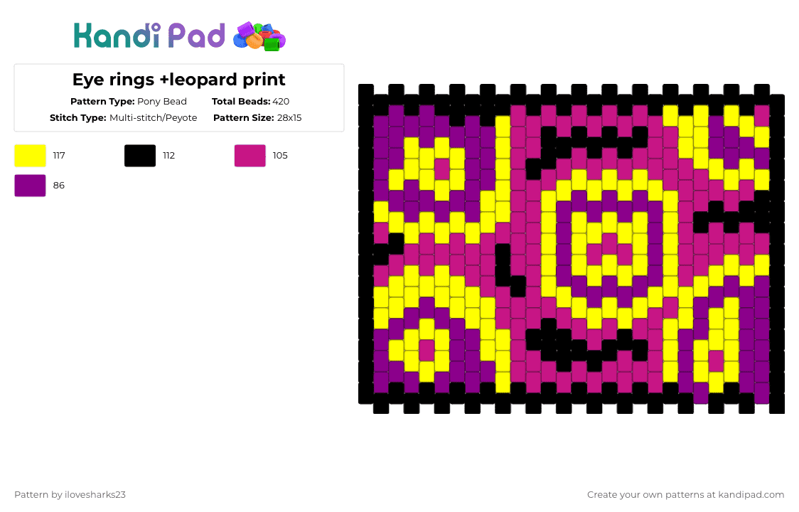 Eye rings +leopard print - Pony Bead Pattern by ilovesharks23 on Kandi Pad - pink,yellow,cotdrings