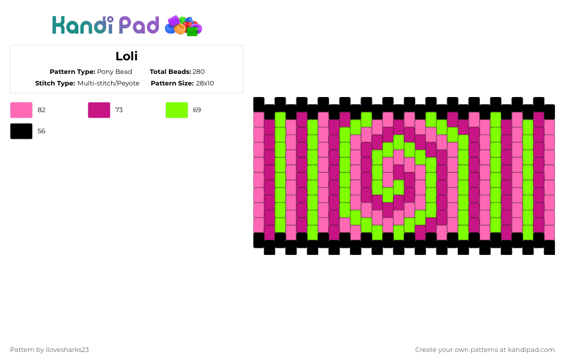 Loli - Pony Bead Pattern by ilovesharks23 on Kandi Pad - pink,green