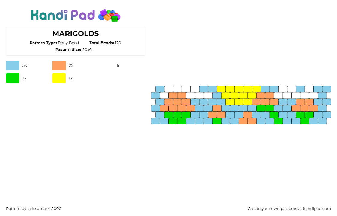 MARIGOLDS - Pony Bead Pattern by larissamarks2000 on Kandi Pad - marigolds,flowers,sun,cuff,yellow,sky blue,green,cheerful,garden,floral,bright
